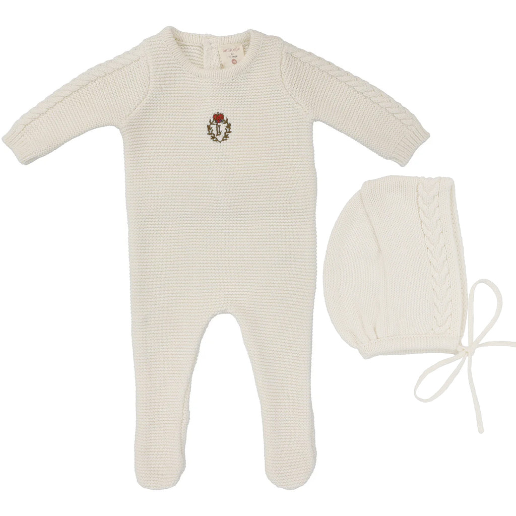 Lil Legs Crest Knit Footie And Beanie - Cream