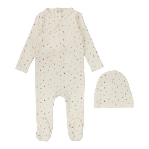 Lilette Printed Wrapover Footie & Beanie Set - Scattered Branch Ivory