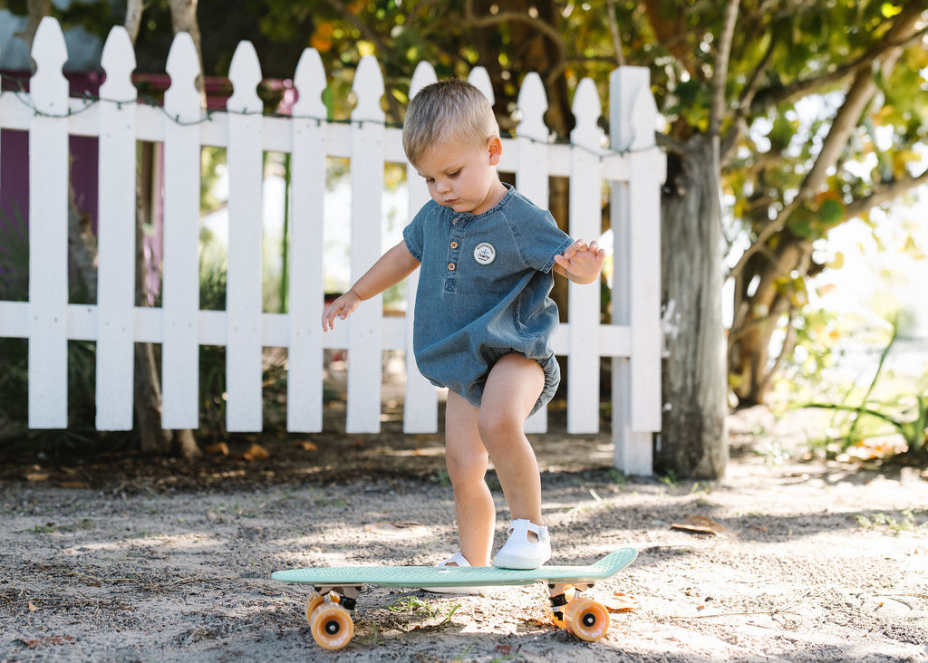 Lil Legs Dainty Denim Boys Romper - Blue Stripe