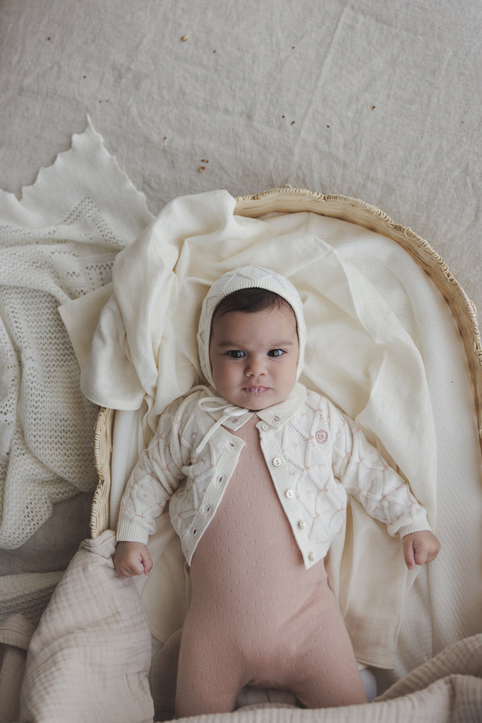 Lilette Sweetheart Knit Cardigan And Hat Set - Cream/Dusty Pink