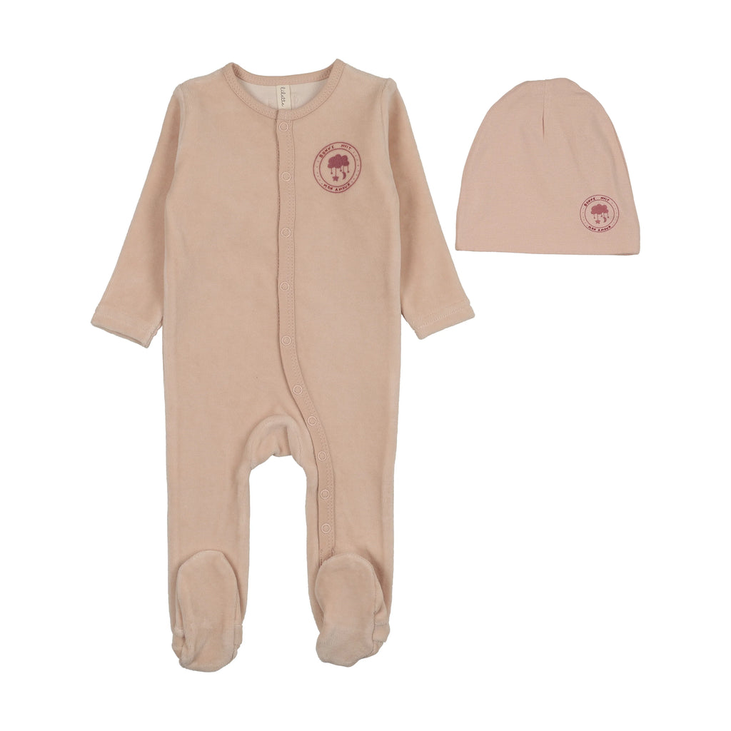 Lilette Velour Snap Down Footie and Hat - Pale Pink