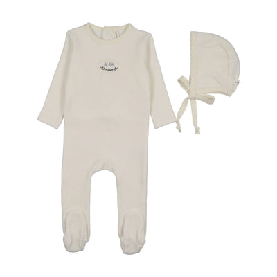 Lilette Velour Patch Footie And Hat - Cream/Blue