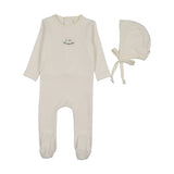 Lilette Velour Patch Footie And Hat - Cream/Blue