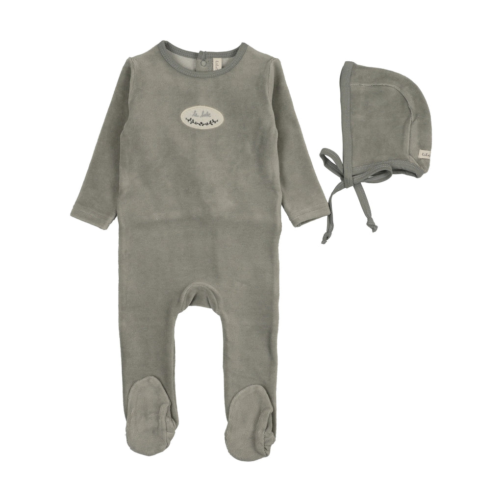 Lilette Velour Patch Footie And Hat - Light Blue