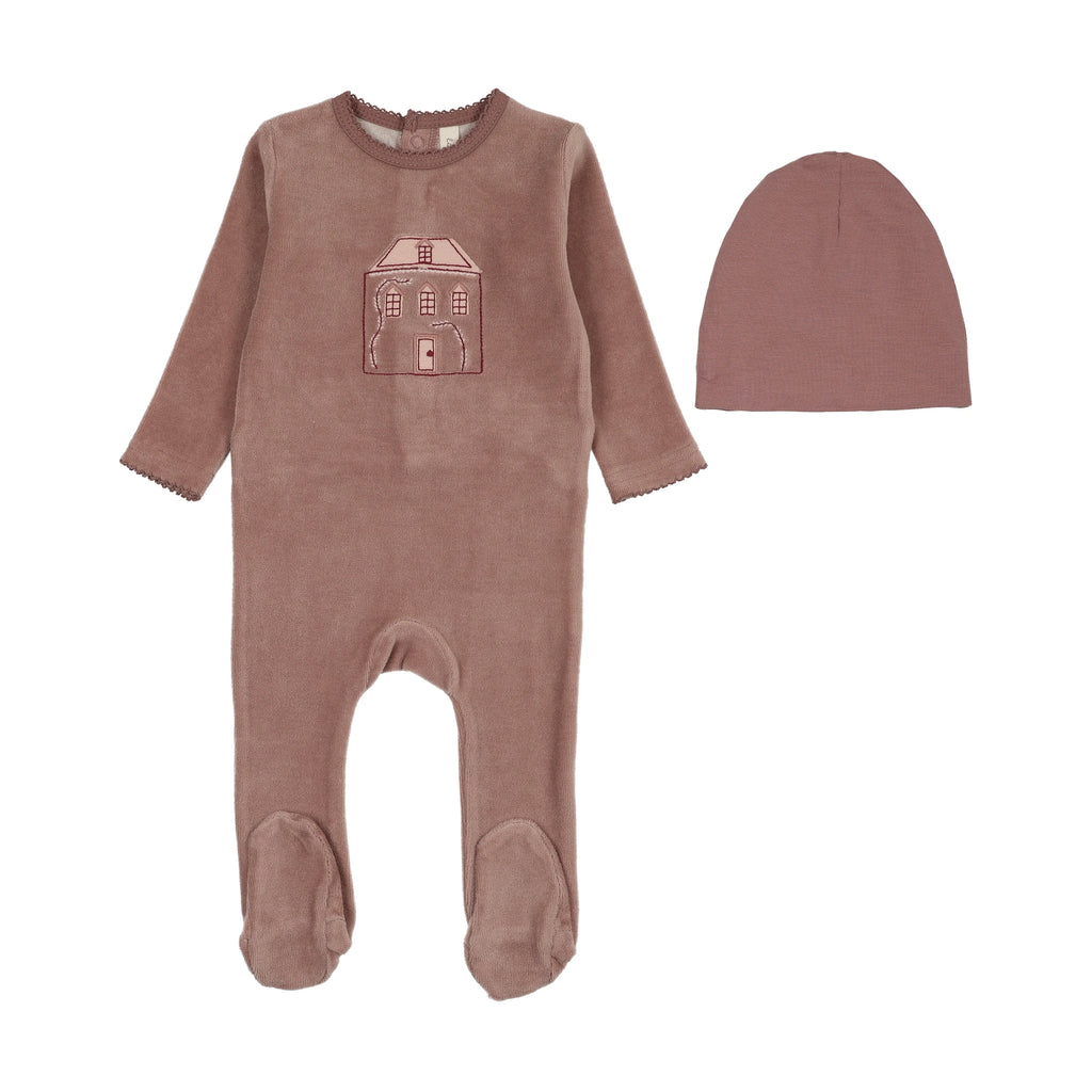 Lilette Stitched Graphic Velour Footie And Hat - Mauve