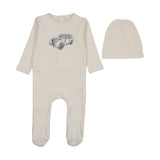 Lilette Stitched Graphic Velour Footie And Hat - Cream/Blue