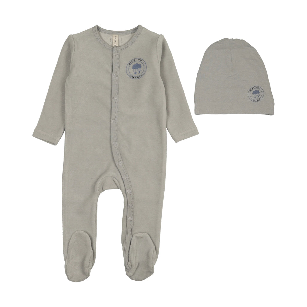 Lilette Velour Snap Down Footie and Hat - Pale Blue