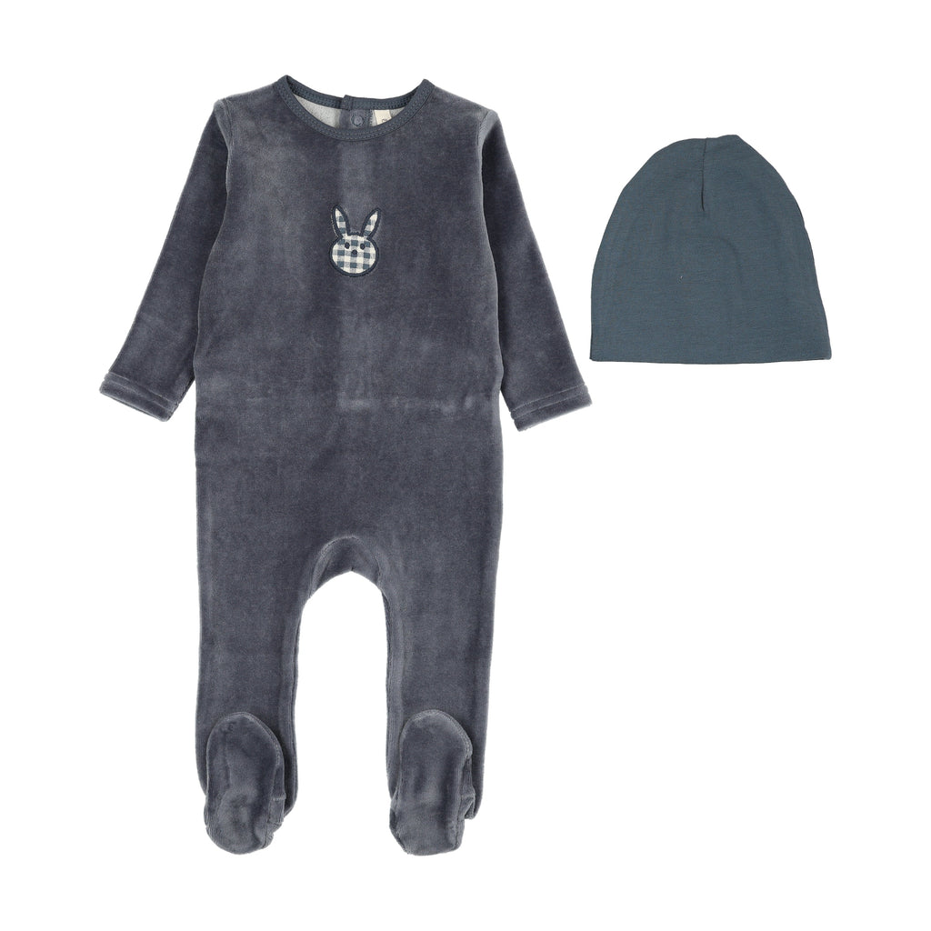 Lilette Velour Gingham Bunny Footie And Hat - Off Navy