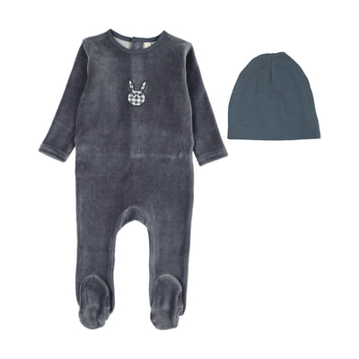 Lilette Velour Gingham Bunny Footie And Hat - Off Navy