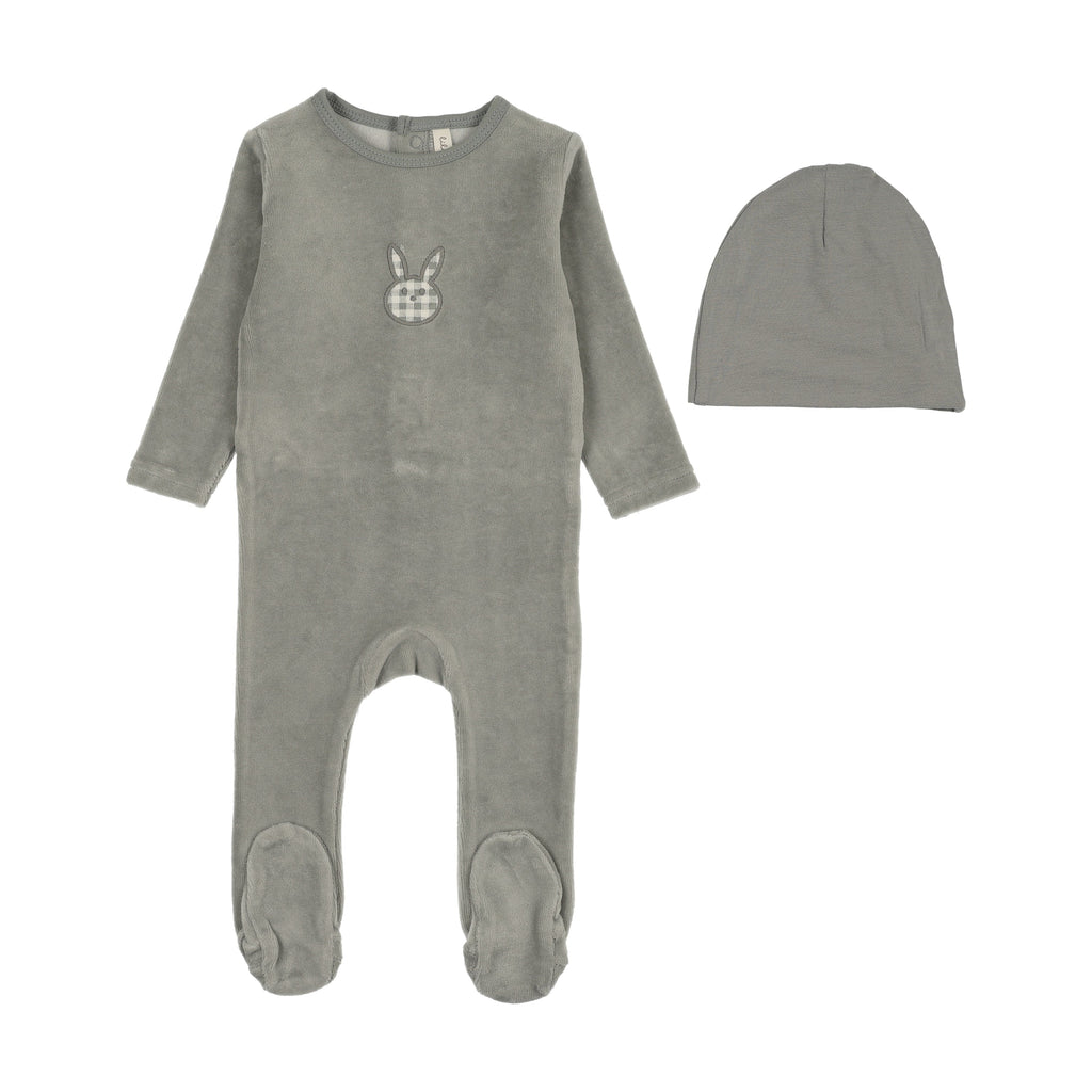 Lilette Velour Gingham Bunny Footie And Hat - Pale Blue