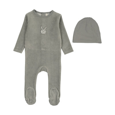 Lilette Velour Gingham Bunny Footie And Hat - Pale Blue