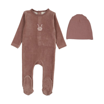 Lilette Velour Gingham Bunny Footie And Hat - Mauve