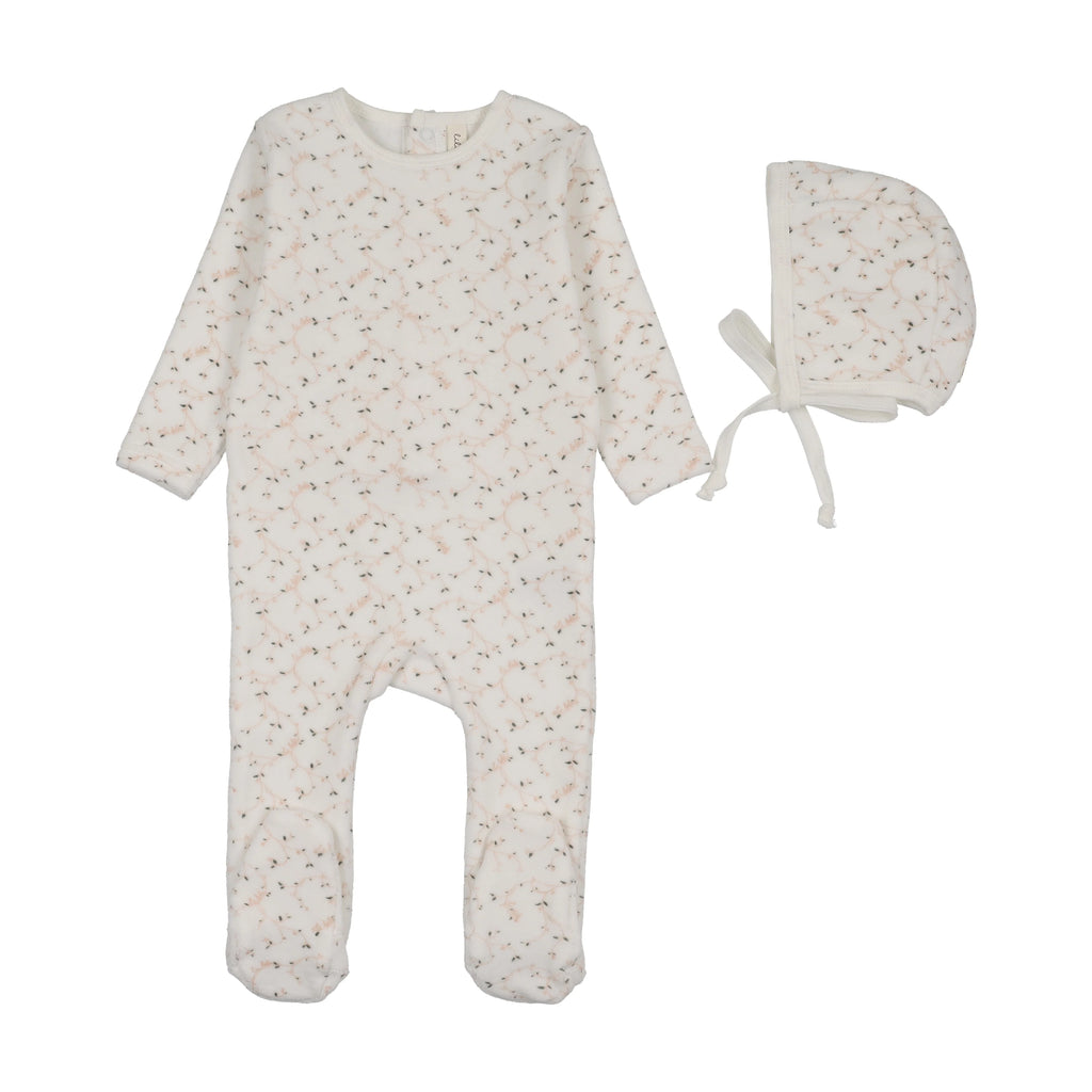 Lilette Branch Velour Footie And Hat - Cream/Pink