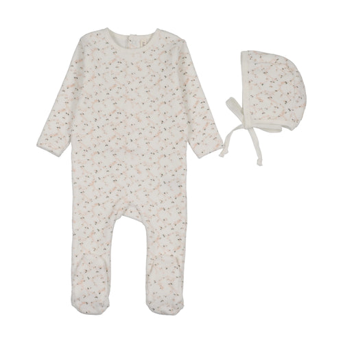 Lilette Branch Velour Footie And Hat - Cream/Pink