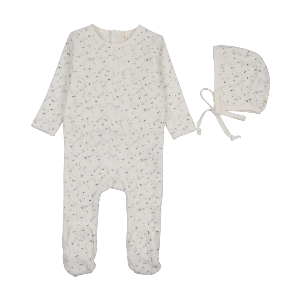 Lilette Branch Velour Footie And Hat - Cream/Blue