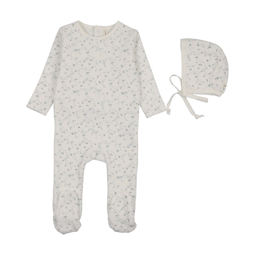 Lilette Branch Velour Footie And Hat - Cream/Blue