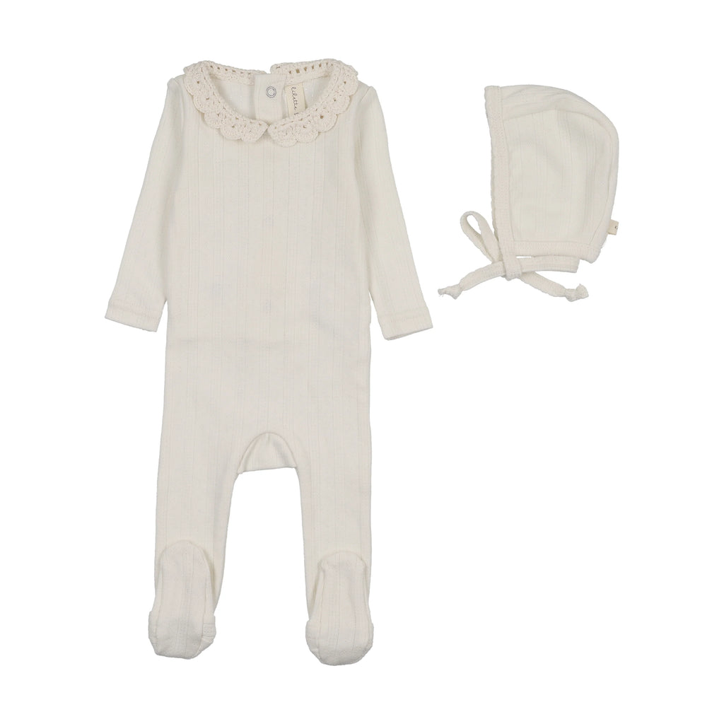 Lilette Crochet Collar Footie And Hat - Cream/Pink