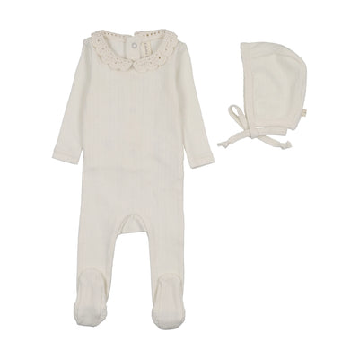 Lilette Crochet Collar Footie And Hat - Cream/Pink
