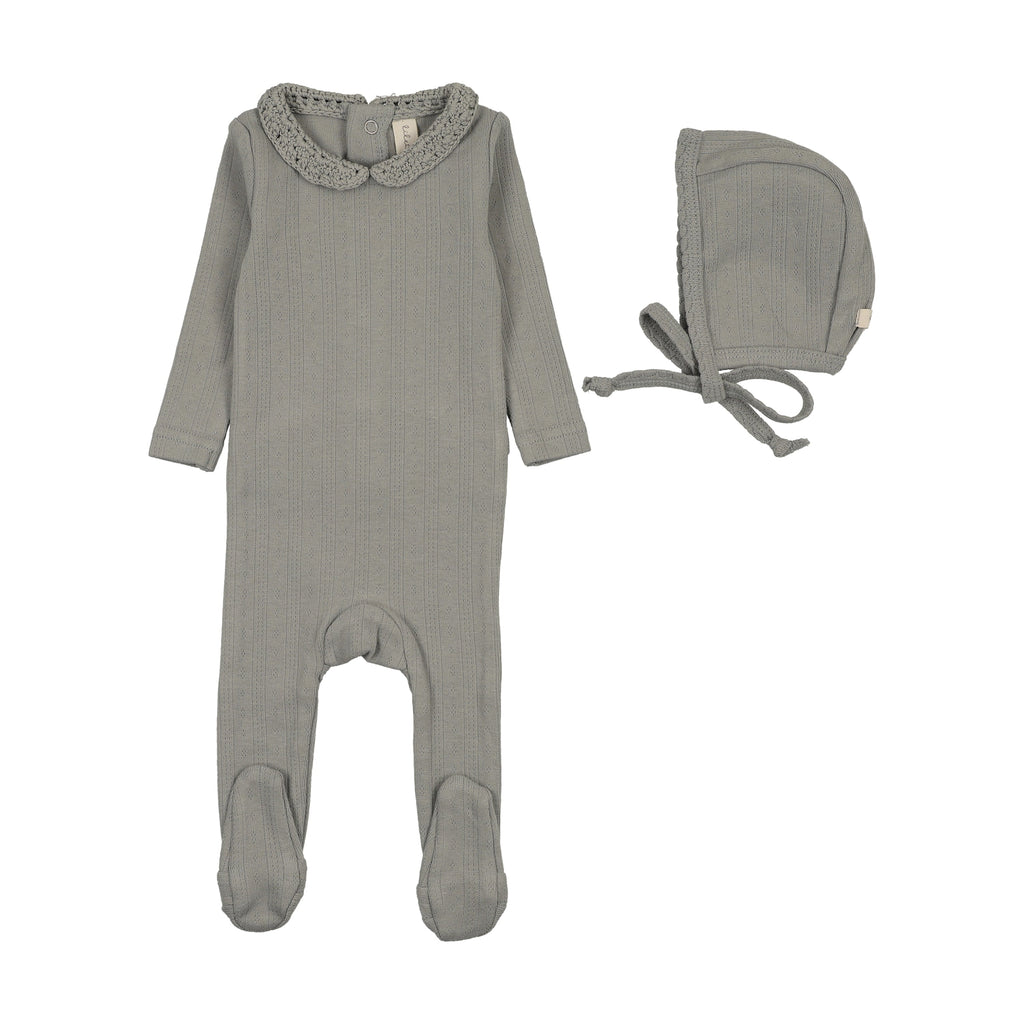 Lilette Crochet Collar Footie And Hat - Light Blue