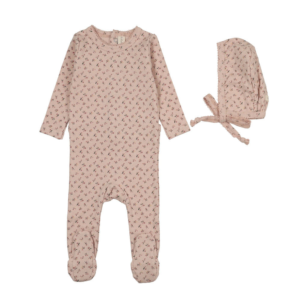 Lilette Cherry Blossom Footie And Hat - Pale Pink