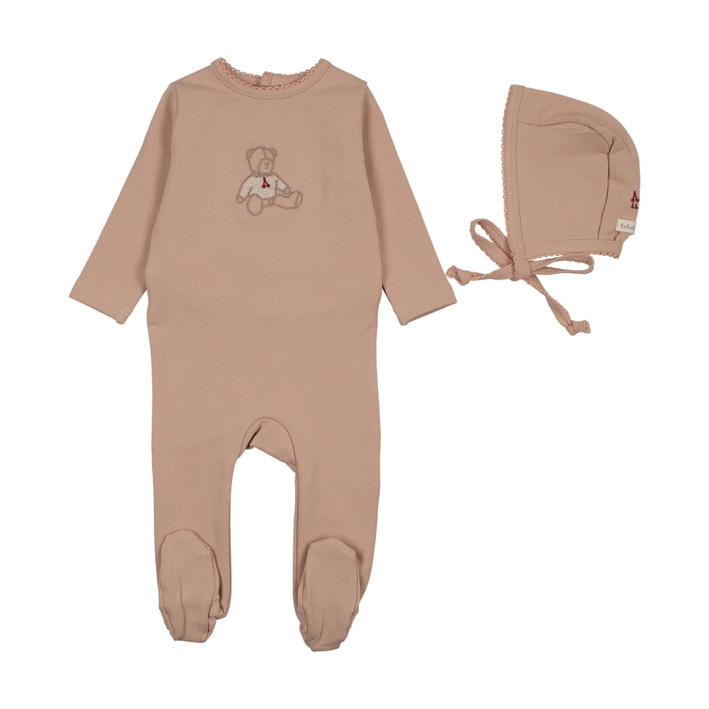 Lilette Sweet Bear Footie And Hat - Dusty Pink