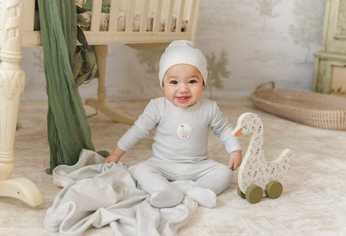 Mon Tresor Little Duckling Footie And Hat - Ivory/Blue