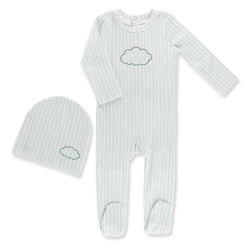 Little Label Cloud Herringbone Baby Footie & Hat Set - Light Blue