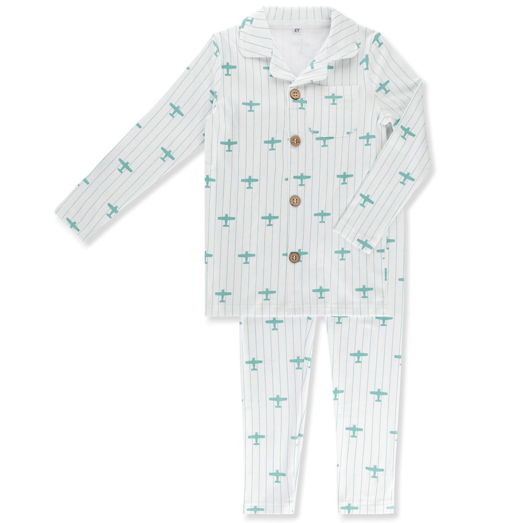 Little Label Blue Airplane Print Grandpa Pajama - Light Blue