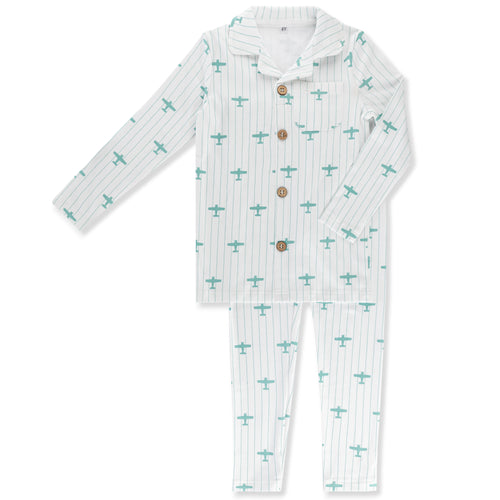 Little Label Blue Airplane Print Grandpa Pajama - Light Blue