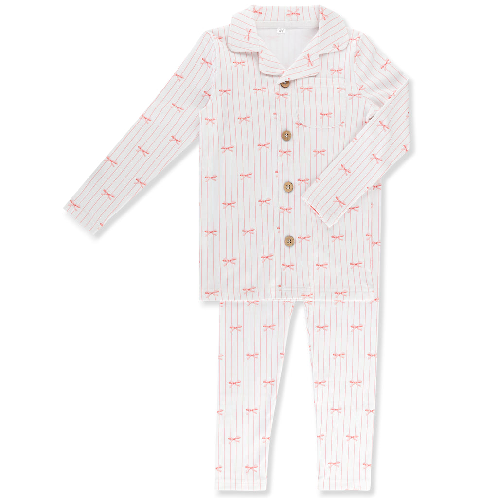 Little Label Pink Bow Print Grandpa Pajama - Pink