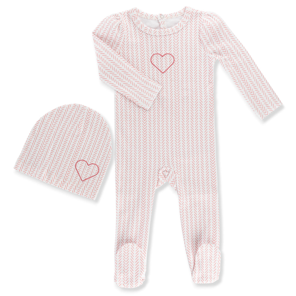 Little Label Heart Herringbone Baby Footie & Hat Set - Pink
