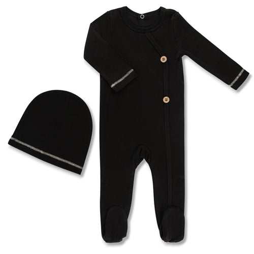 Little Label Black Weekend Footie & Hat Set with  Buttons
