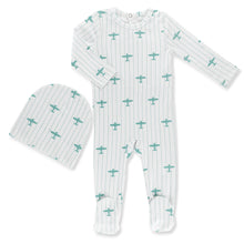 Load image into Gallery viewer, Little Label Blue Airplane Printed Footie &amp; Hat Set - Light Blue
