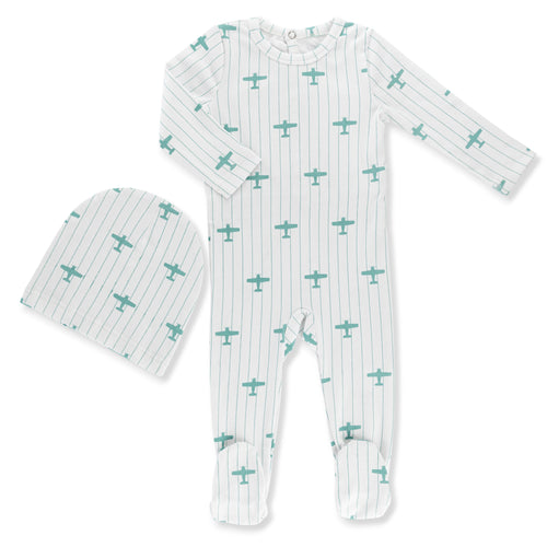 Little Label Blue Airplane Printed Footie & Hat Set - Light Blue