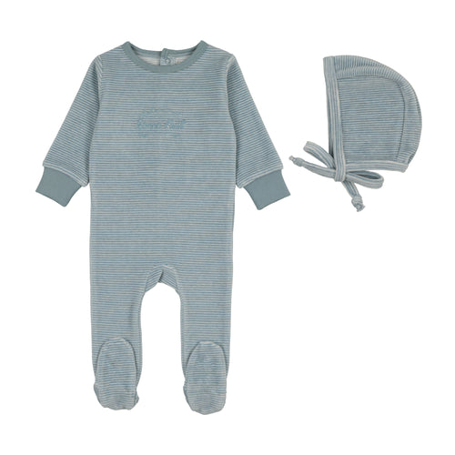 Lil Legs Velour Stripe Footie And Bonnet - Blue Stripe
