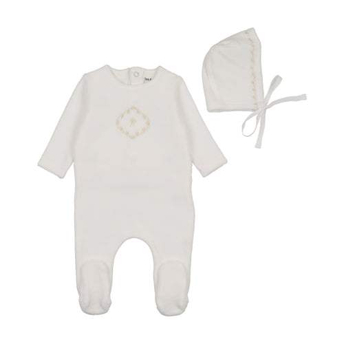 Bee & Dee Lovely Loops Velour Footie And Bonnet - Chalk White Boys