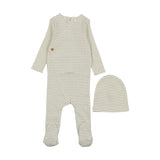 Mema Knits Striped Side Button Footie + Beanie - Cream/Powder Blue