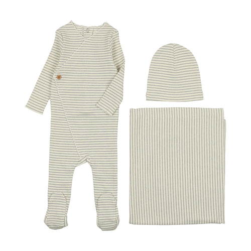 Mema Knits Striped Side Button 3PC Set - Cream/Powder Blue