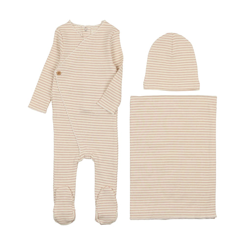 Mema Knits Striped Side Button 3PC Set - Cream/Pink