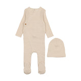 Mema Knits Striped Side Button Footie + Beanie - Cream/Pink