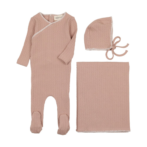 Mema Knits  Textured Embroidery Edge 3PC Set - Pale Pink & Cream Stitch