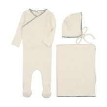Load image into Gallery viewer, Mema Knits  Textured Embroidery Edge 3PC Set - Cream &amp; Powder Blue Stitch