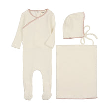 Load image into Gallery viewer, Mema Knits  Textured Embroidery Edge 3PC Set - Cream &amp; Pink Stitch