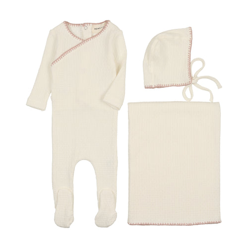 Mema Knits  Textured Embroidery Edge 3PC Set - Cream & Pink Stitch