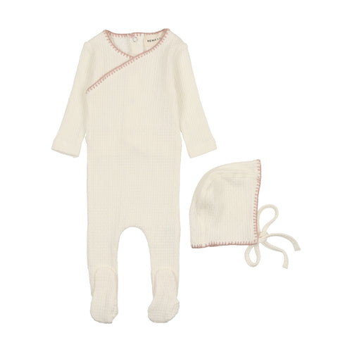 Mema Knits Textured Embroidery Edge Footie + Beanie - Cream & Pink Stitch