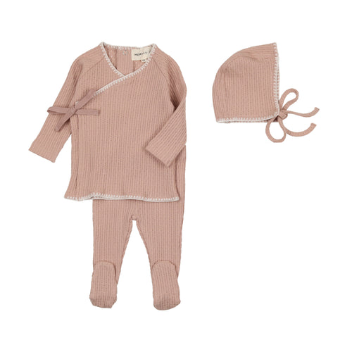 Mema Knits Textured Embroidery Edge Two-piece set with Bonnet - Pale Pink & Cream Stitch