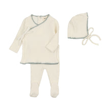 Load image into Gallery viewer, Mema Knits Textured Embroidery Edge Two-piece set with Bonnet - Cream &amp; Powder Blue Stitch