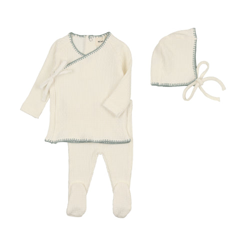 Mema Knits Textured Embroidery Edge Two-piece set with Bonnet - Cream & Powder Blue Stitch
