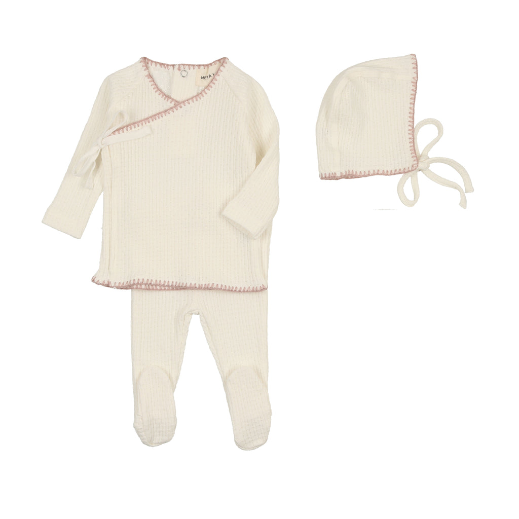Mema Knits Textured Embroidery Edge Two-piece set with Bonnet - Cream & Pink Stitch