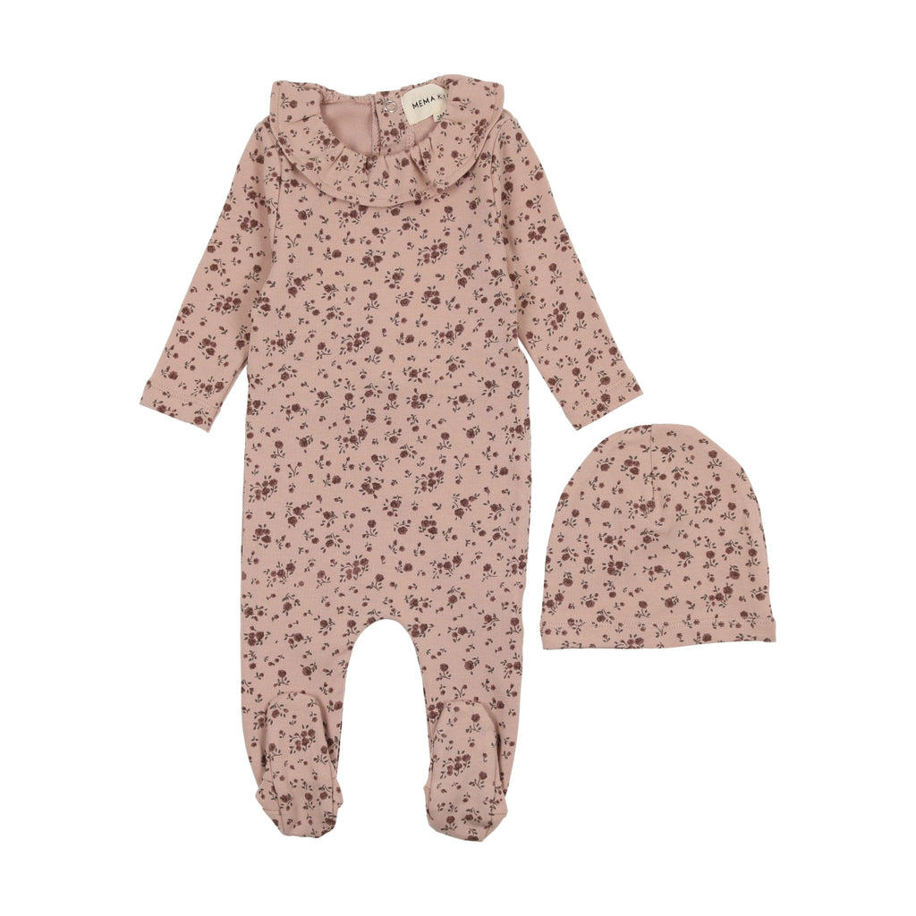 Mema Knits Floral Collared Footie + Beanie
